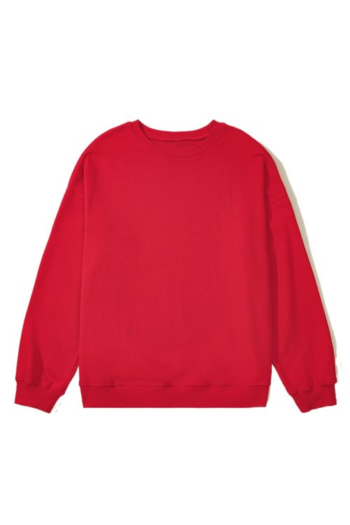 Plus Size Women's Racing Red Solid Crew Neck Drop Shoulder Sweatshirt