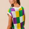 Women's Tillandsia Purple Color Block Cap Sleeve Sweater - Stylish Checkered Knit Top - Image 8