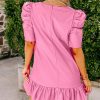 Pink Pleather Ruffled Hem Mini Dress with Bubble Sleeve and V Neck - Image 3