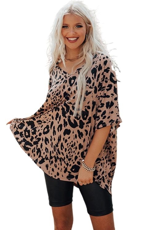 Women's Brown Leopard Print V Neck Half Sleeve Oversized Tee - Bold & Chic