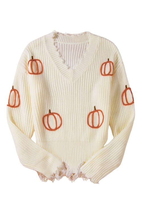 Women's Beige Cable Knit Pumpkin Raw Hem V Neck Sweater