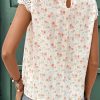 Women's Pink Floral Print Crochet Cap Sleeve Blouse with Embroidery Detail - Image 2