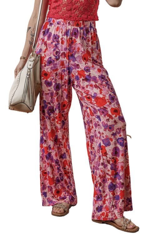 Women's Purple Floral Wide Leg Pants - Elastic High Waist for Comfort