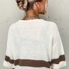 Women's Brown Striped Accent Notched V Neck Cropped Sweater T-Shirt - Image 3