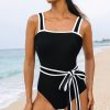 Women's Elegant Black Colorblock Edge Belted One Piece Swimsuit with Padded Support - Image 7