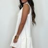 Women's White Textured Frilled High Neck Sleeveless Ruffled Mini Dress - Image 3