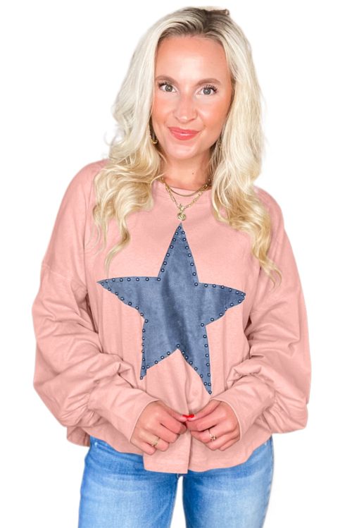 Women's Gossamer Pink Studded Star Graphic Oversized Long Sleeve Top