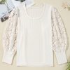 Plus Size Apricot Contrast Floral Guipure Lace Lantern Sleeve Blouse for Women - Image 7