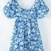 Women's Blue Floral Puff Sleeve Babydoll Mini Dress with Square Neck - Image 7