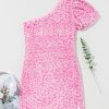 Pink Sequin One Shoulder Puff Sleeve Bodycon Mini Dress - Image 9