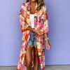 Women's Pink Floral Allover Print Open Front Belted Duster Kimono - Image 4