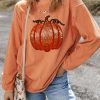Women's Orange Sequined Pumpkin Round Neck Halloween Sweatshirt - Image 3
