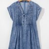 Women's Beau Blue Tie V Neck Denim Shift Dress with Tucking Detail and Pockets - Image 25