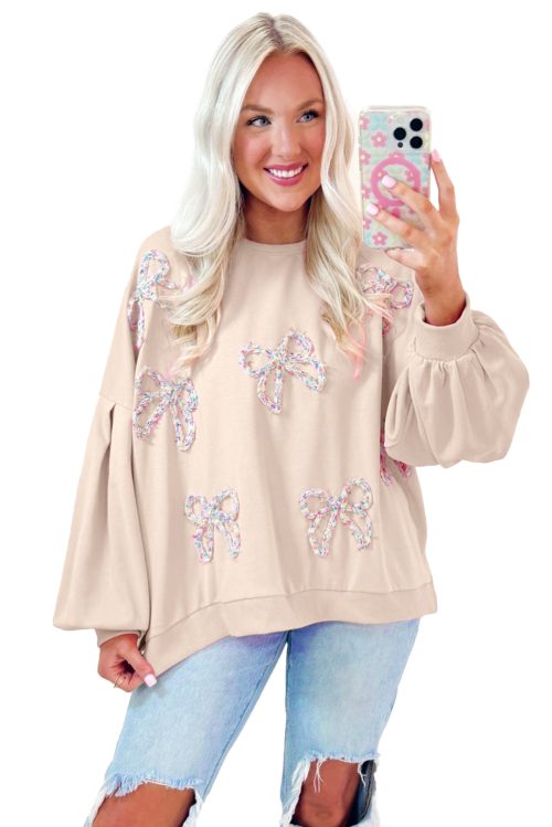 Women's Parchment Embroidered Bow Lantern Sleeve Oversized Pullover Sweatshirt