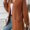 Women's Chestnut Textured Knit Side Pocket Open Front Cardigan - Image 5