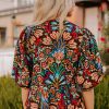 Women's Black Tropical Print Bubble Sleeve Knot Front Blouse for Summer Style - Image 2