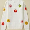 Women's White Colorful Flower Applique Textured Knit Sweater - Image 8