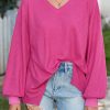 Women's Bright Pink Waffle Knit V Neck Long Sleeve Blouse - Image 5