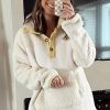 Women's Cozy Beige Fleece Colorblock Trim Sweatshirt with Buttons and Pocket - Image 3