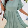 Elegant Grass Green Ruffle Trim Short Sleeve Plus Size Flared Mini Dress - Image 2