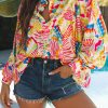 Women's Orange Abstract Printed High Low Oversized Shirt with Lantern Sleeves - Image 6