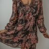 Women's Vintage Floral Puff Sleeve V Neck Smock Waist Dress - Image 3