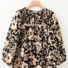 Women's Black Floral Shirred Yoke Boho Blouse with Bracelet Sleeves - Image 6