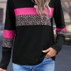 Women's Rose Leopard Colorblock Patchwork Crew Neck Long Sleeve Tee - Image 6