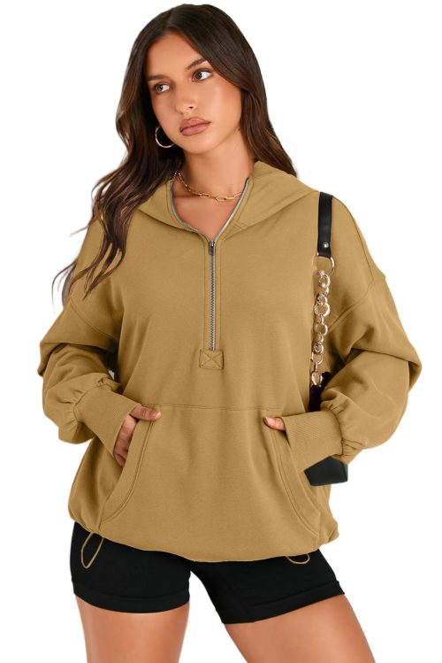 Women's Brown Oversized Kangaroo Pocket Half Zipper Hoodie