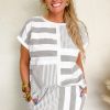 Women's Gray Stripe Mixed Print Short Sleeve Top and Pocketed Shorts Set - Image 5