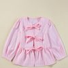 Women's Pink Stripe Bowknot Front Crew Neck Puff Sleeve Blouse - Image 9