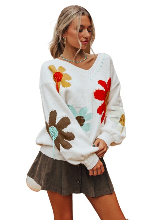 Women's White Floral Pattern V Neck Drop Shoulder Long Sleeve Sweater