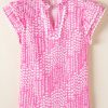 Women's Pink Abstract Print Flutter Sleeve Notch V Neck Blouse with Ric Rac Trim - Image 5