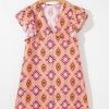 Women's Orange Geometric Floral V Neck Mini Dress with Ruffled Sleeves - Image 14