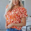 Women's Orange Floral Print Ruffled Short Puff Sleeve Split Neck Blouse - Image 6