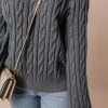 Women's Medium Grey Color Contrast Ribbed Edge Cable Knit V Neck Sweater - Image 8