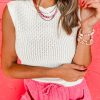 Women's White Solid Color Eyelet Knit Crew Neck Sweater Vest - Stylish and Comfortable - Image 7