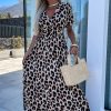 Women's Khaki Leopard V Neck Cinched High Waist Open Back Maxi Dress - Image 3