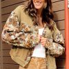 Women's Khaki Waffle Knit Floral Print Patchwork Button Up Jacket - Image 5