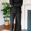 Women's 2-Piece Set: Black Solid Textured Collared V Neck Top and Wide Leg Pants - Image 2