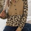 Women's Light French Beige Leopard Print Patchwork Raglan Sleeve Half Buttons Hoodie - Image 3