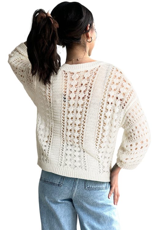 Women's White Hollow Out Knit Bracelet Sleeve Drop Shoulder Sweater