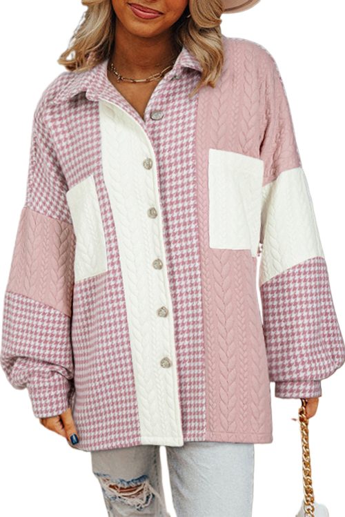 Women's Pink Color Block Houndstooth Loose Shacket