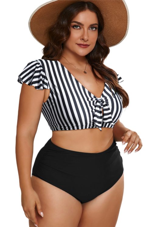 Plus Size Black Stripe 2-Piece Knot Cutout Ruffle Sleeve Swimsuit