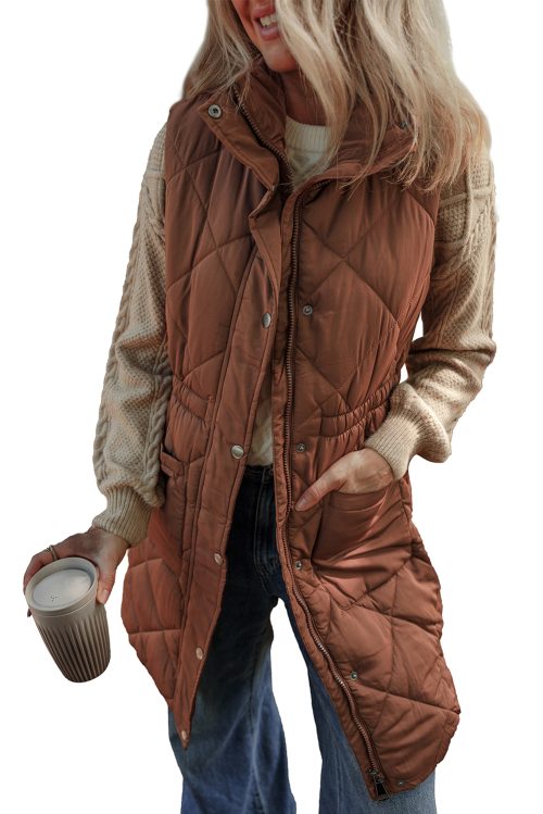 Women's Coffee Quilted Longline Puffer Vest with Stand Collar