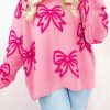 Women's Pink Bow Pattern Drop Shoulder Loose Fit Sweater - Cozy Winter Knit - Image 2