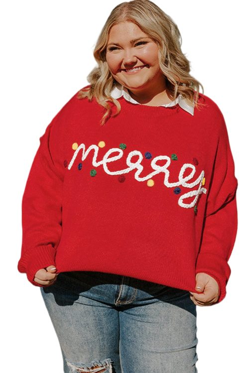 Fiery Red Merry Graphic Plus Size Christmas Sweater for Women