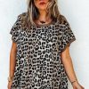 Women's Khaki Leopard Contrast Trim Short Sleeve Loose Plus Size Top - Image 6