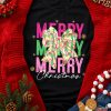 Women's Black Merry Christmas Brushwork Bow Printed Graphic T-Shirt - Image 3