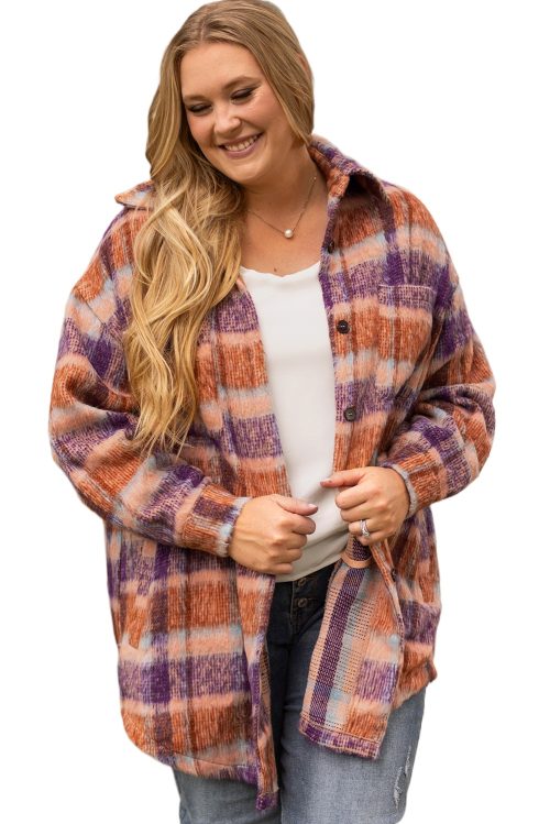 Women's Multicolour Plus Size Plaid Print Collared Button-Up Jacket for Winter